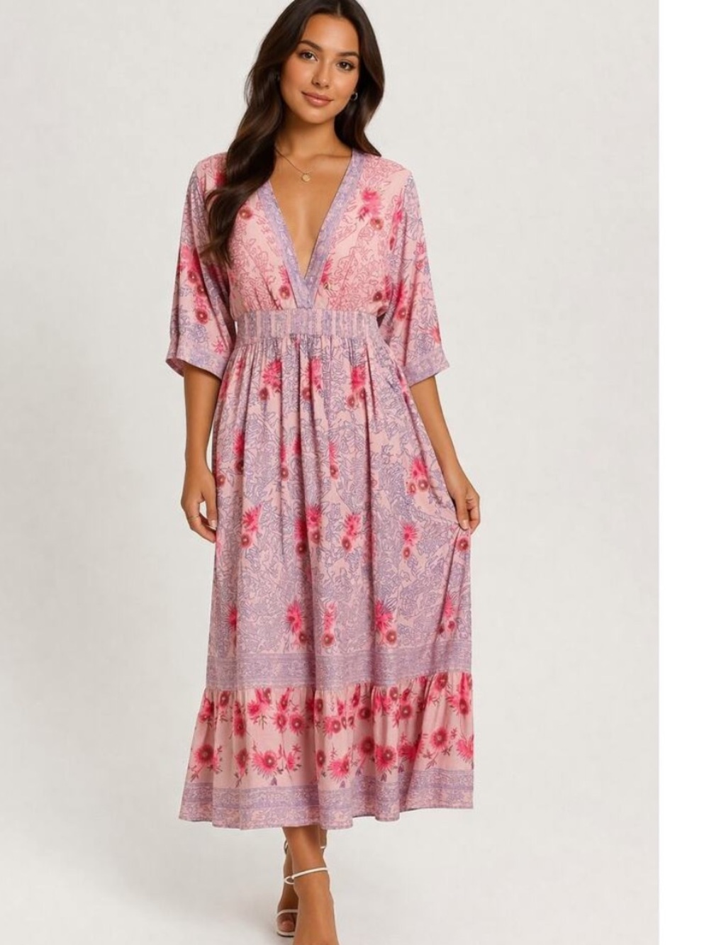 Oliphant Pink Embroidered Maxi Dress XS Short Sleeve Spring Wedding Guest Dress